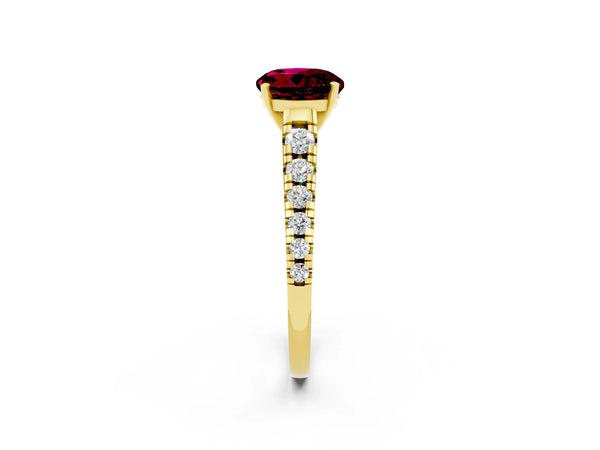 Yellow gold Round Cut Garnet Cathedral Solitaire Ring with Round  Pavé Band