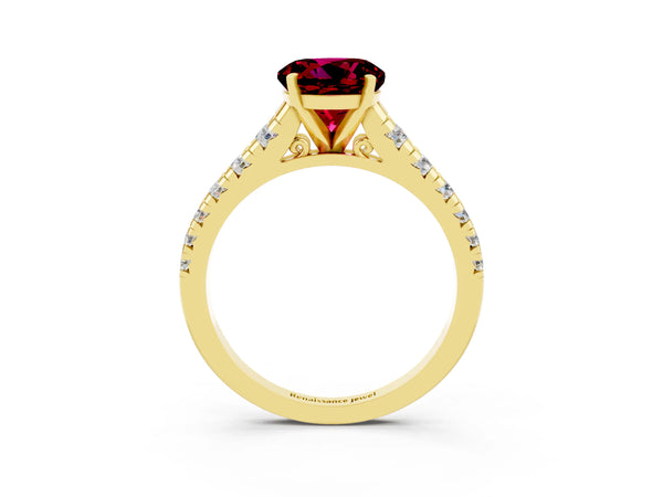 Yellow gold Round Cut Garnet Cathedral Solitaire Ring with Round  Pavé Band