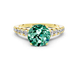 Yellow gold Fancy White Round Cut Green Sapphire Solitaire Ring with Cathedral Setting and Pavé Band
