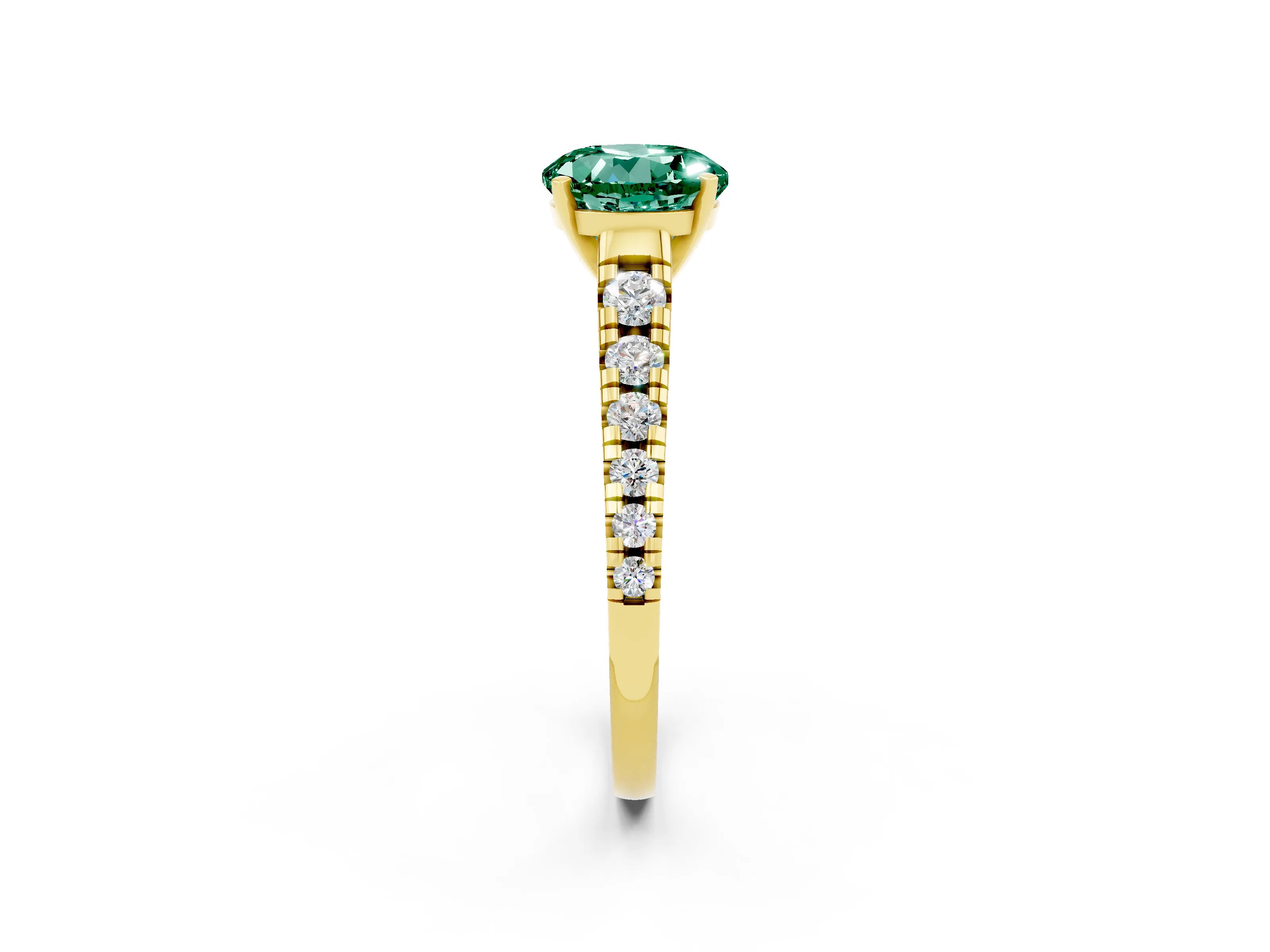 Yellow gold Fancy White Round Cut Green Sapphire Solitaire Ring with Cathedral Setting and Pavé Band_2