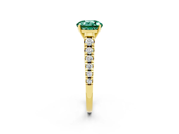 Yellow gold Round Cut Green Sapphire Cathedral Solitaire Ring with Round  Pavé Band