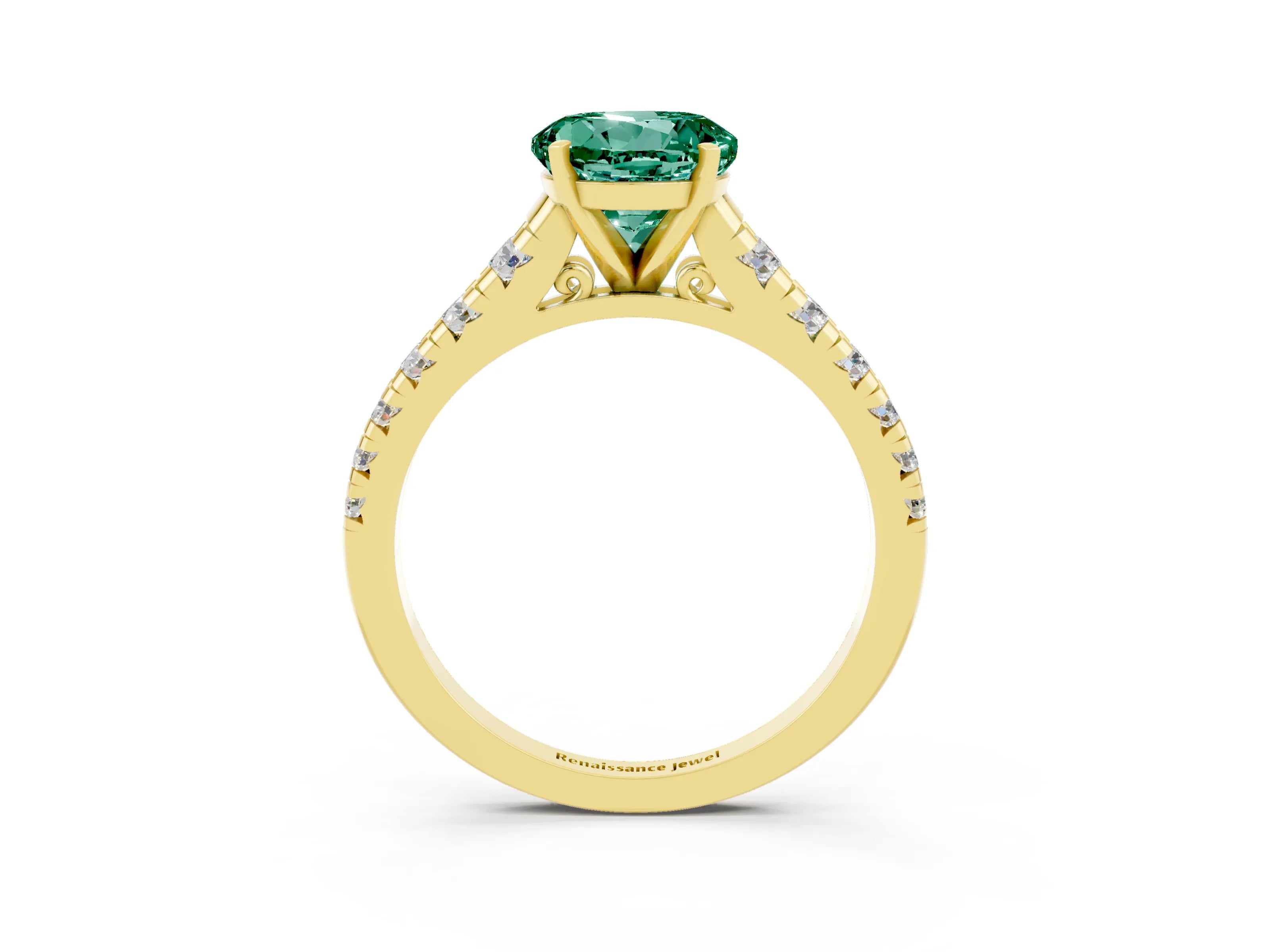 Yellow gold Fancy White Round Cut Green Sapphire Solitaire Ring with Cathedral Setting and Pavé Band_3
