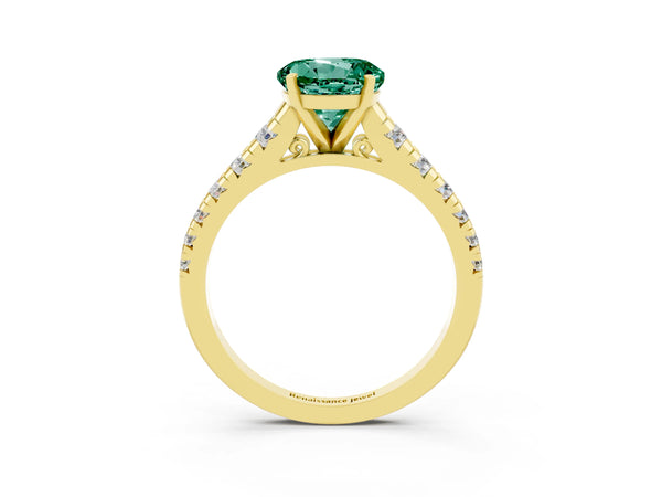 Yellow gold Round Cut Green Sapphire Cathedral Solitaire Ring with Round  Pavé Band