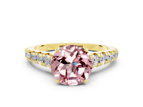 Yellow gold Round Cut Morganite Cathedral Solitaire Ring with Round  Pavé Band