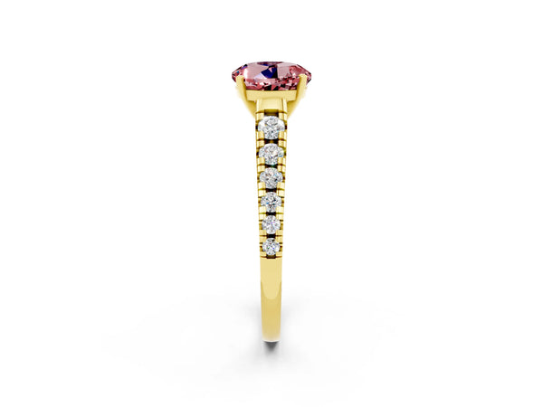 Yellow gold Round Cut Morganite Cathedral Solitaire Ring with Round  Pavé Band