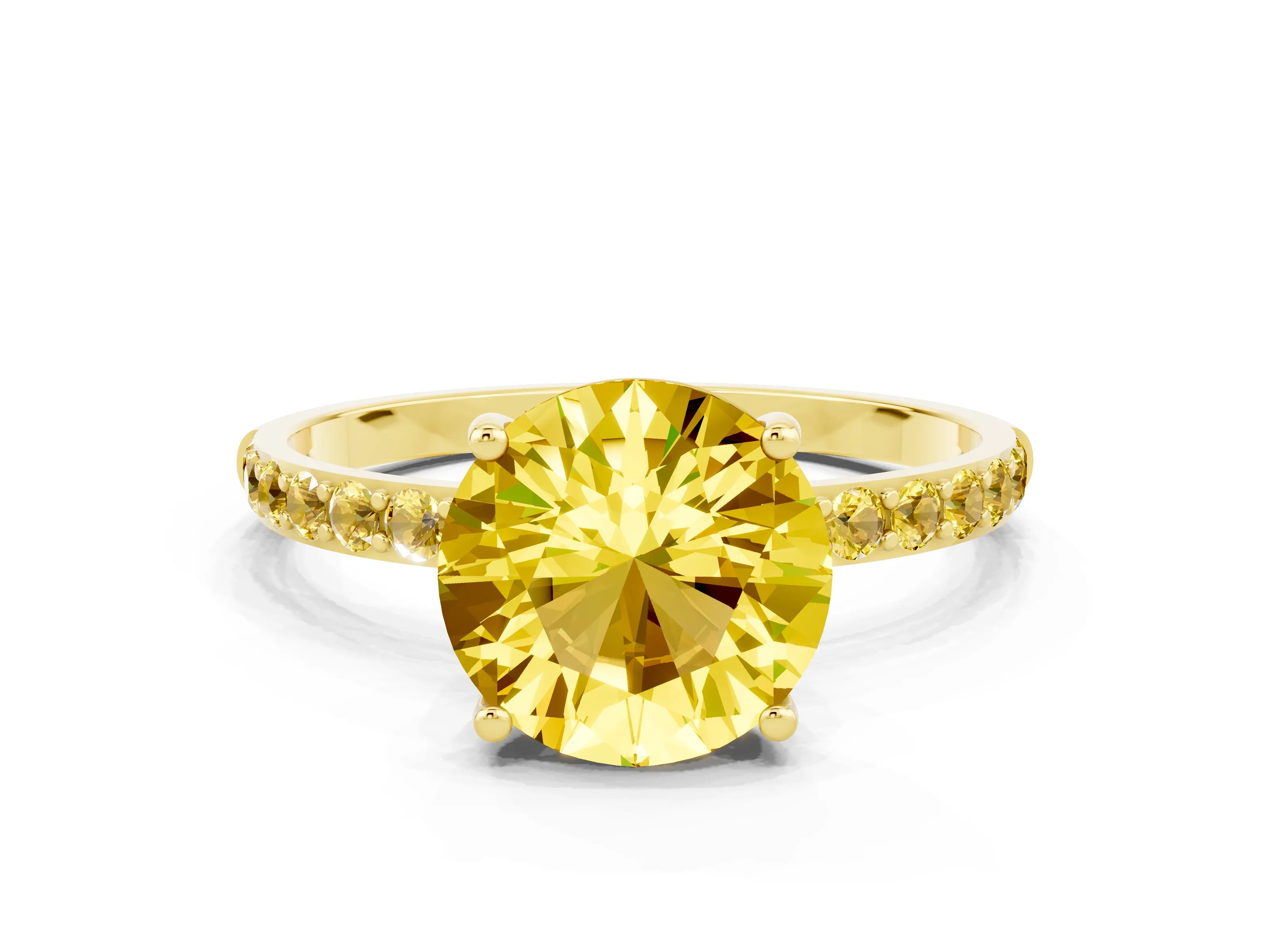 Yellow gold Fancy White Round Cut Yellow Sapphire Solitaire Ring with Pave Band and Four Prong Setting