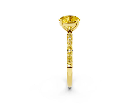 Yellow gold Fancy White Round Cut Yellow Sapphire Solitaire Ring with Pave Band and Four Prong Setting_2