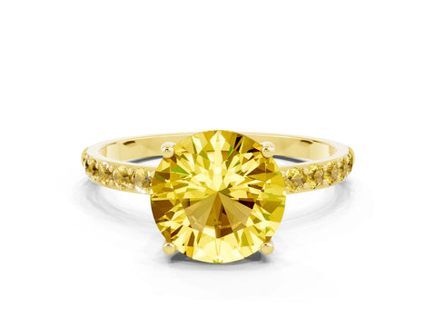 Yellow gold Fancy White Round Cut Yellow Sapphire Solitaire Ring with Pave Band and Four Prong Setting