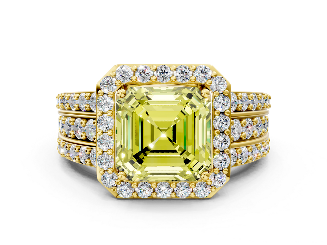 Yellow gold Fancy Yellow Asscher -Cut Halo Diamond Ring with Split Shank and Four-Prong Setting_51