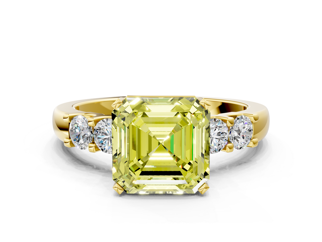 Yellow gold Fancy Yellow Asscher  Brilliant Cut Diamond Five-Stone Prong Set Engagement Ring with Channel Band_17
