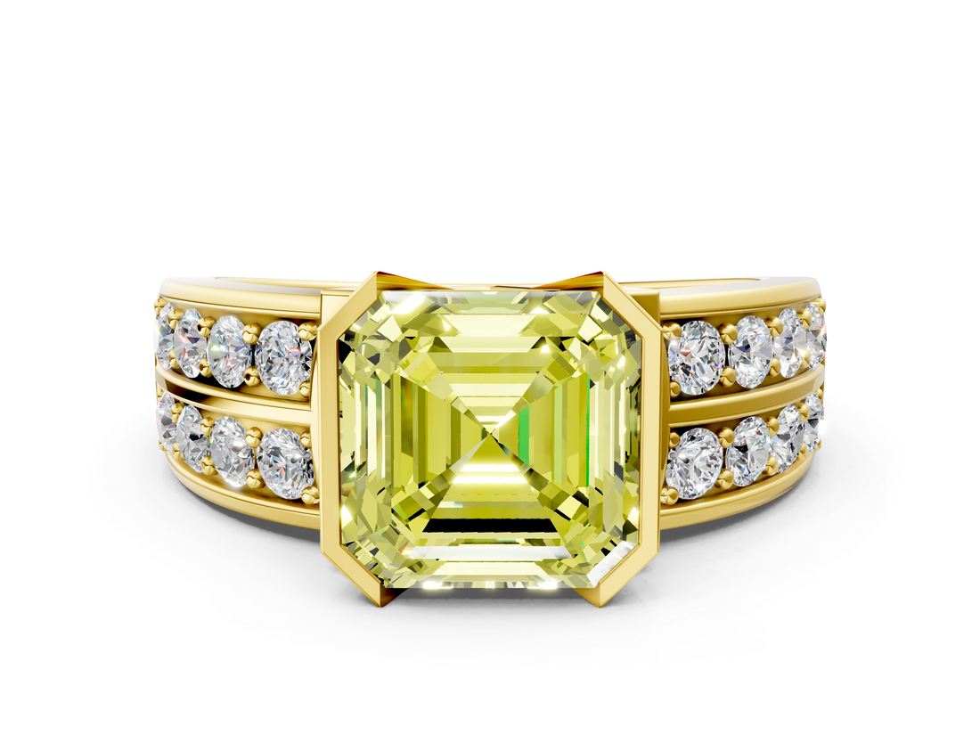 Yellow gold Fancy Yellow Asscher  Brilliant Diamond Channel Set Wide Band Ring with Bezel Setting