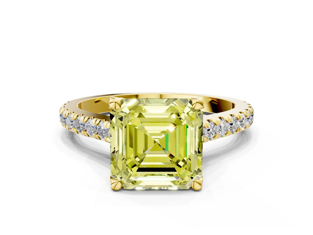 Yellow gold Fancy Yellow Asscher  Brilliant Diamond Solitaire with Pavé Band and Four-Prong Setting 1