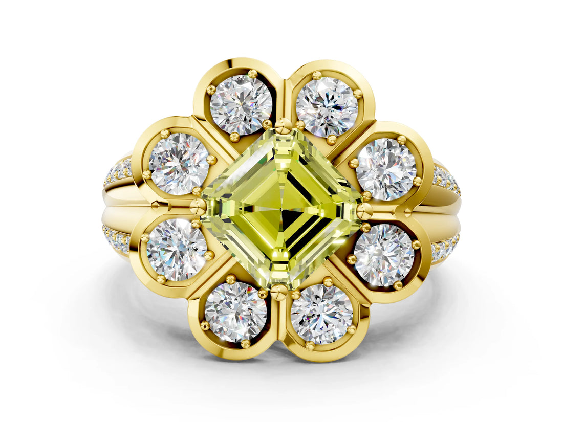 Yellow gold Fancy Yellow Asscher  Brilliant Flower Halo Diamond Split Shank Ring_26