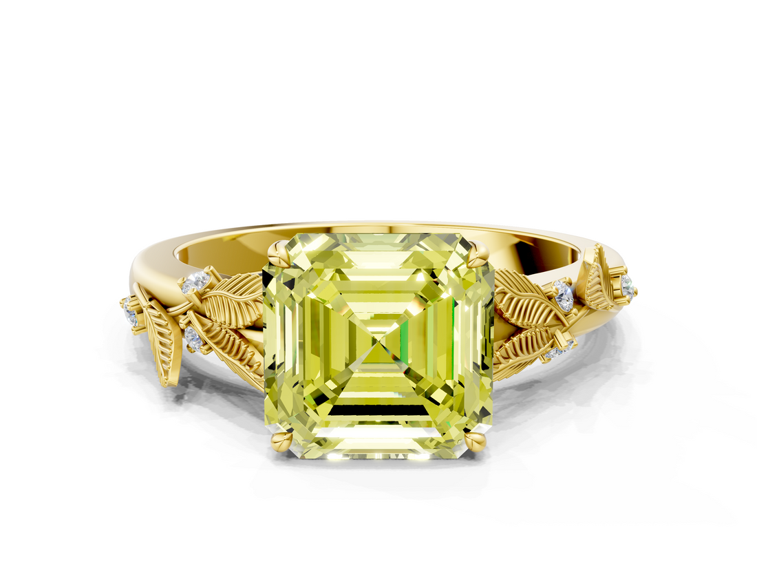 Yellow gold Fancy Yellow Asscher  Brilliant Solitaire with Leaf Motif Band and Four-Prong Setting