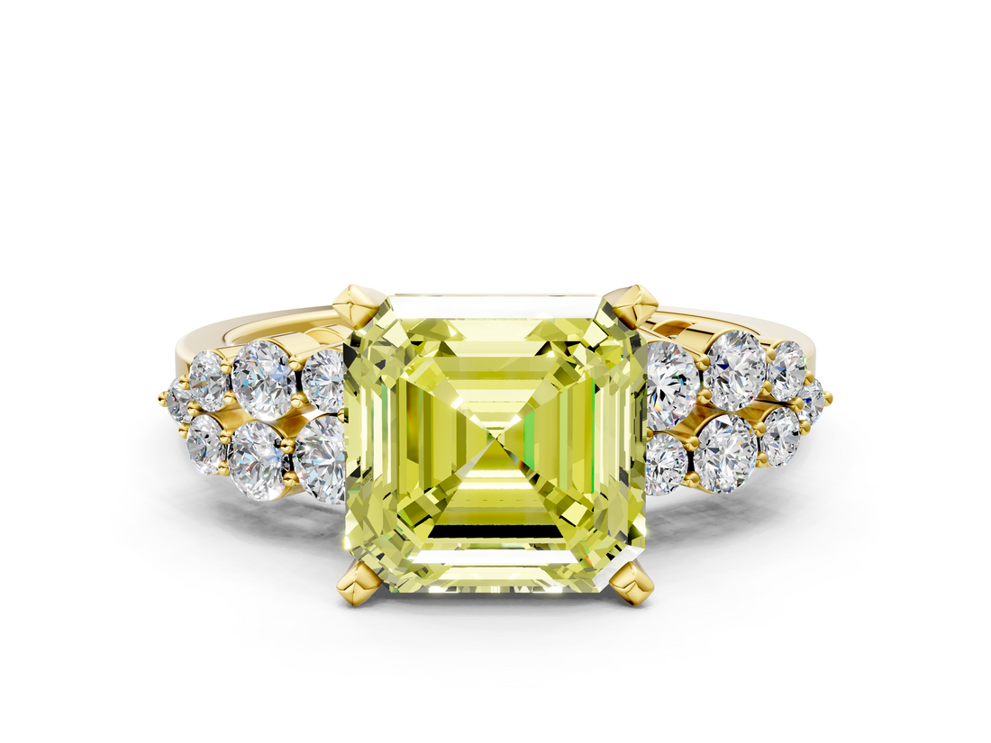Yellow gold Fancy Yellow Asscher  Cluster Diamond Engagement Ring with Pavé Band and Four-Prong Setting_17