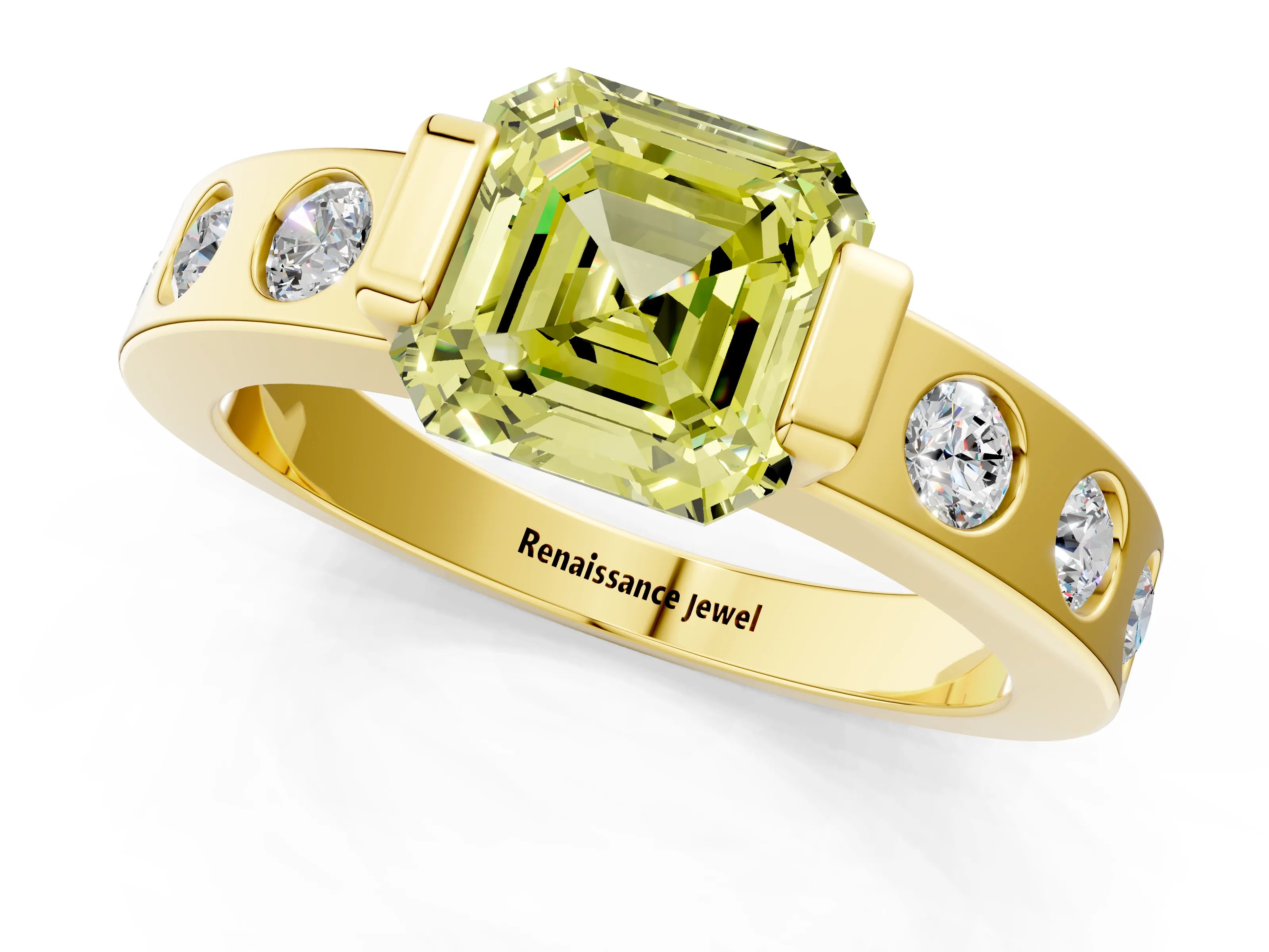 Yellow gold Fancy Yellow Asscher Cut Brilliant Channel-Set Diamond Ring with Bezel Prong Setting_1