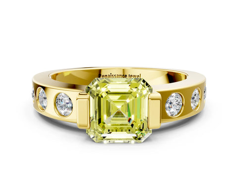 Yellow gold Fancy Yellow Asscher Cut Brilliant Channel-Set Diamond Ring with Bezel Prong Setting