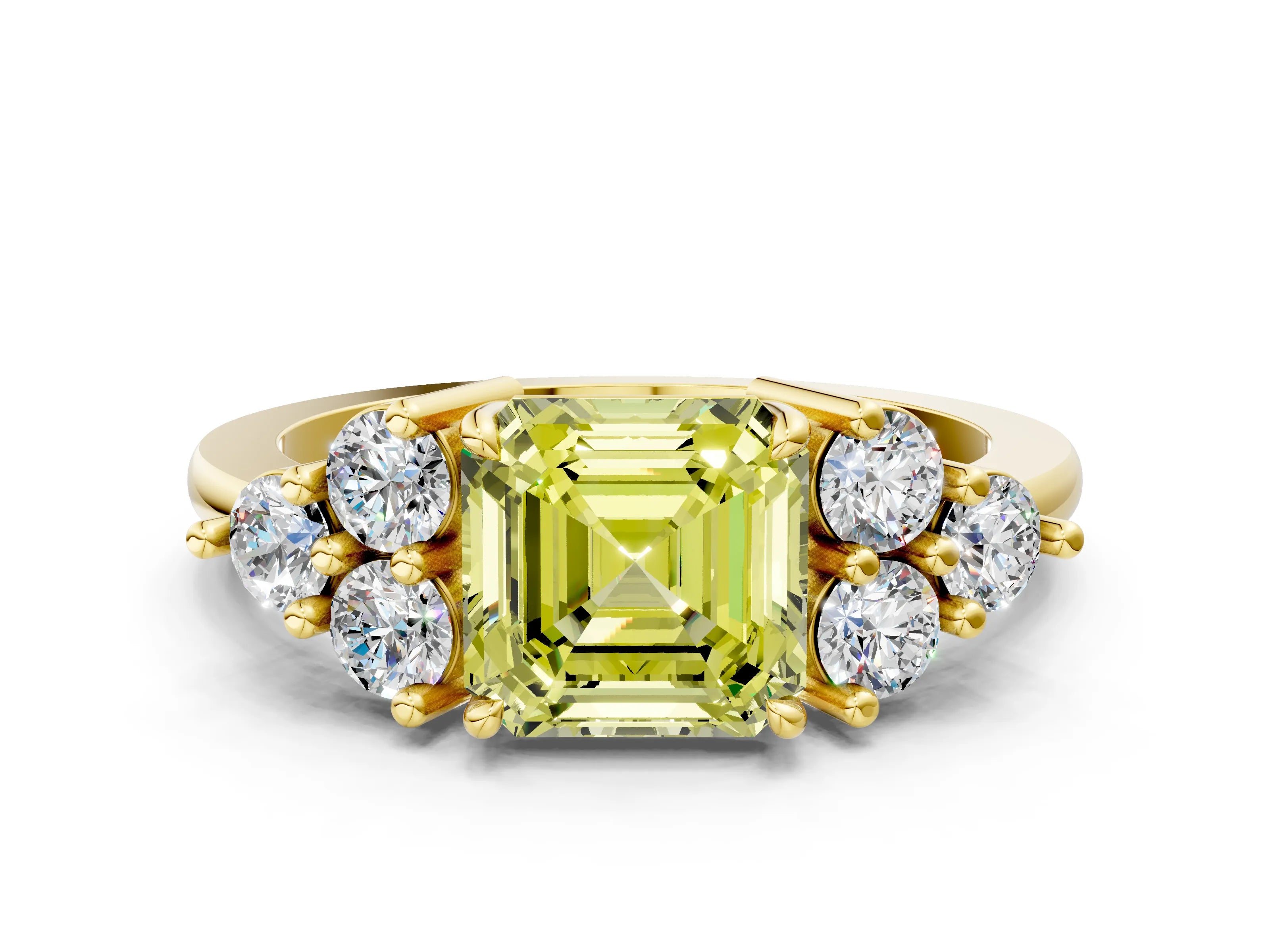 Yellow gold Fancy Yellow Asscher Cut Brilliant Diamond Cluster Accent Solitaire Ring with Prong Setting
