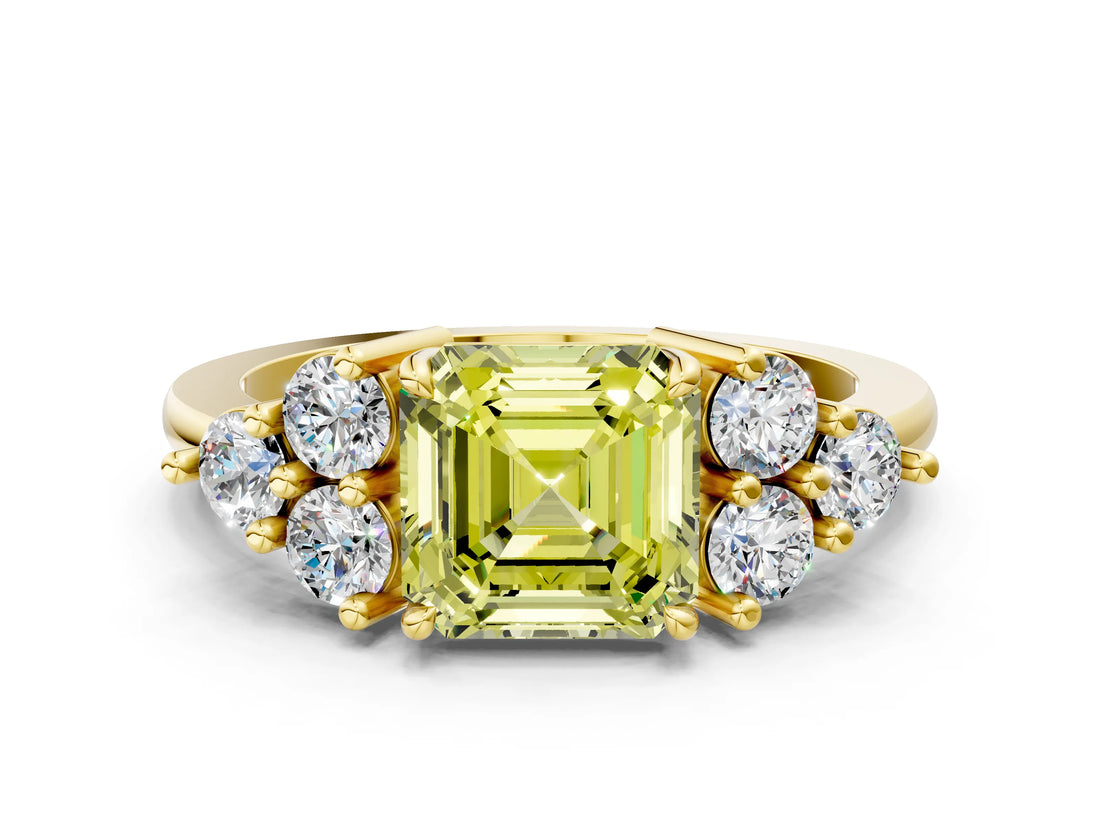 Yellow gold Fancy Yellow Asscher Cut Brilliant Diamond Cluster Accent Solitaire Ring with Prong Setting