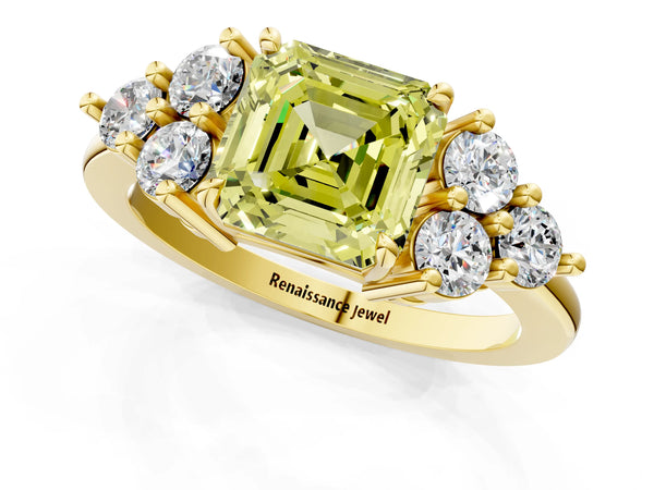 Yellow Gold Asscher Cut Cluster Side Stone Engagement Ring Setting for Fancy Yellow Center
