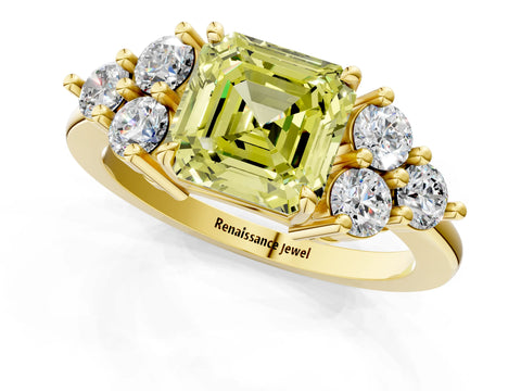 Yellow gold Fancy Yellow Asscher Cut Brilliant Diamond Cluster Accent Solitaire Ring with Prong Setting_1