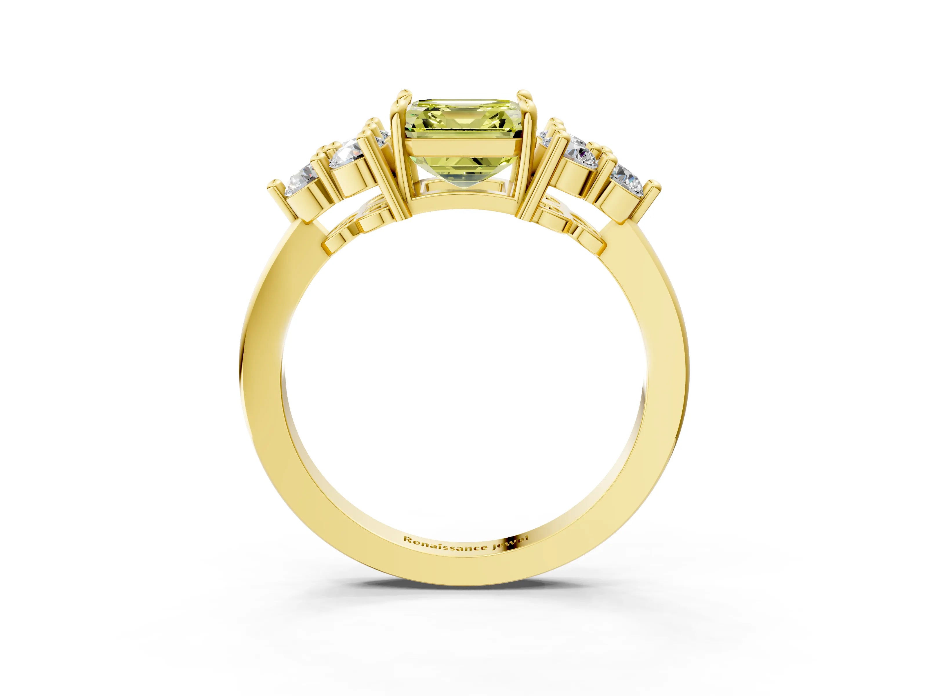 Yellow gold Fancy Yellow Asscher Cut Brilliant Diamond Cluster Accent Solitaire Ring with Prong Setting_3
