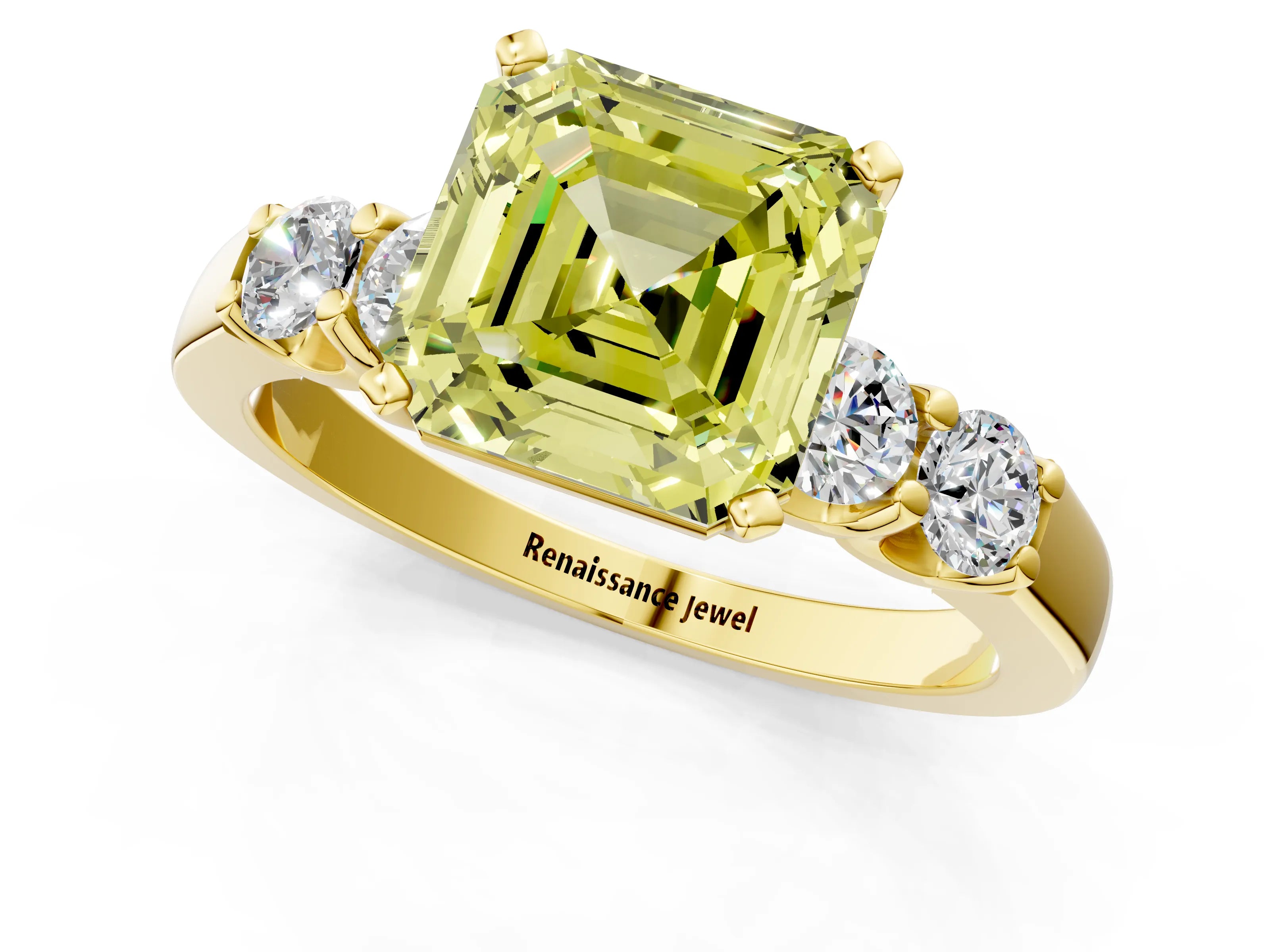 Yellow gold Fancy Yellow Asscher Cut Brilliant Diamond Five-Stone Engagement Ring with Prong Setting on a Classic Band_4