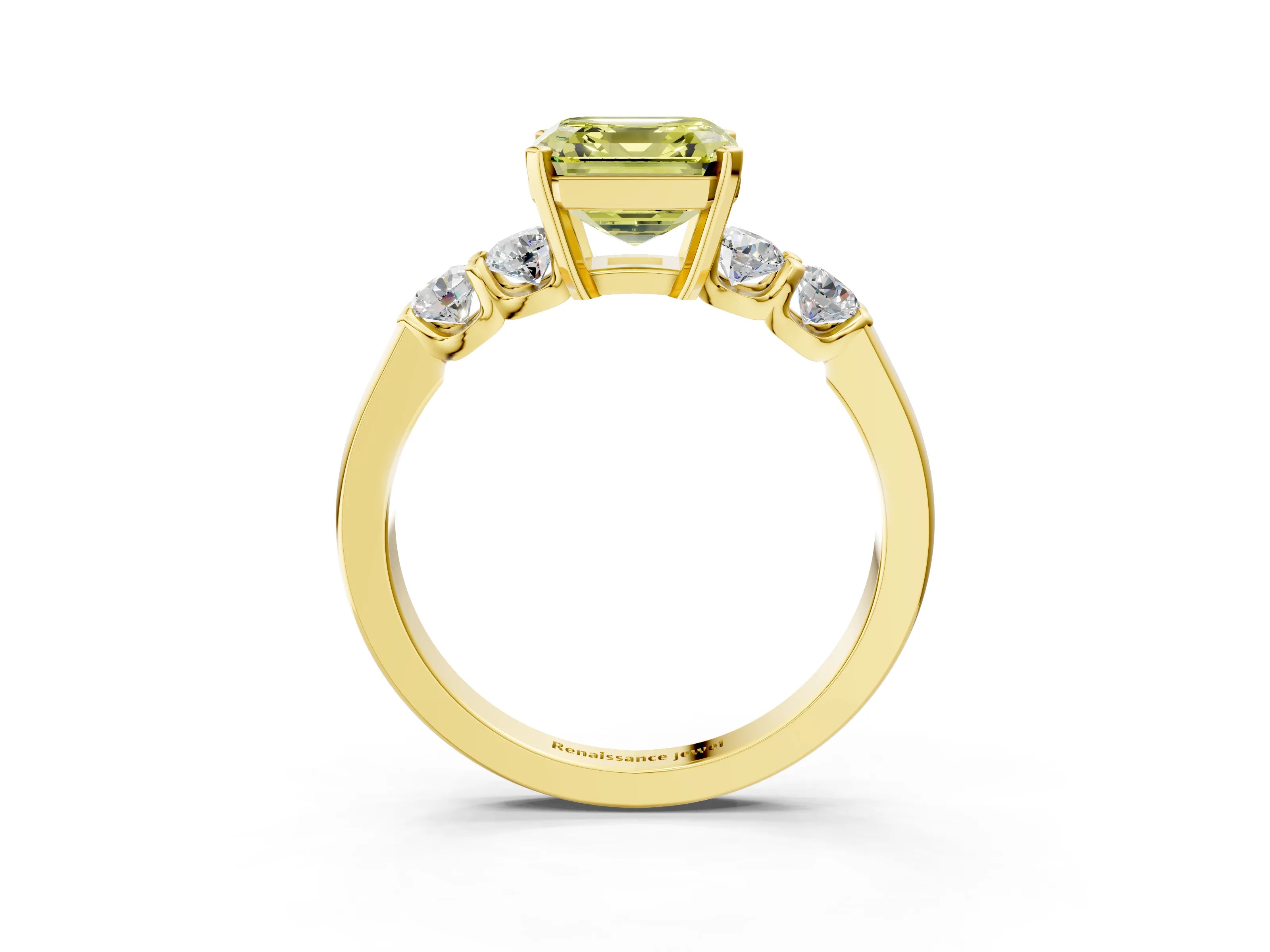 Yellow gold Fancy Yellow Asscher Cut Brilliant Diamond Five-Stone Engagement Ring with Prong Setting on a Classic Band_6