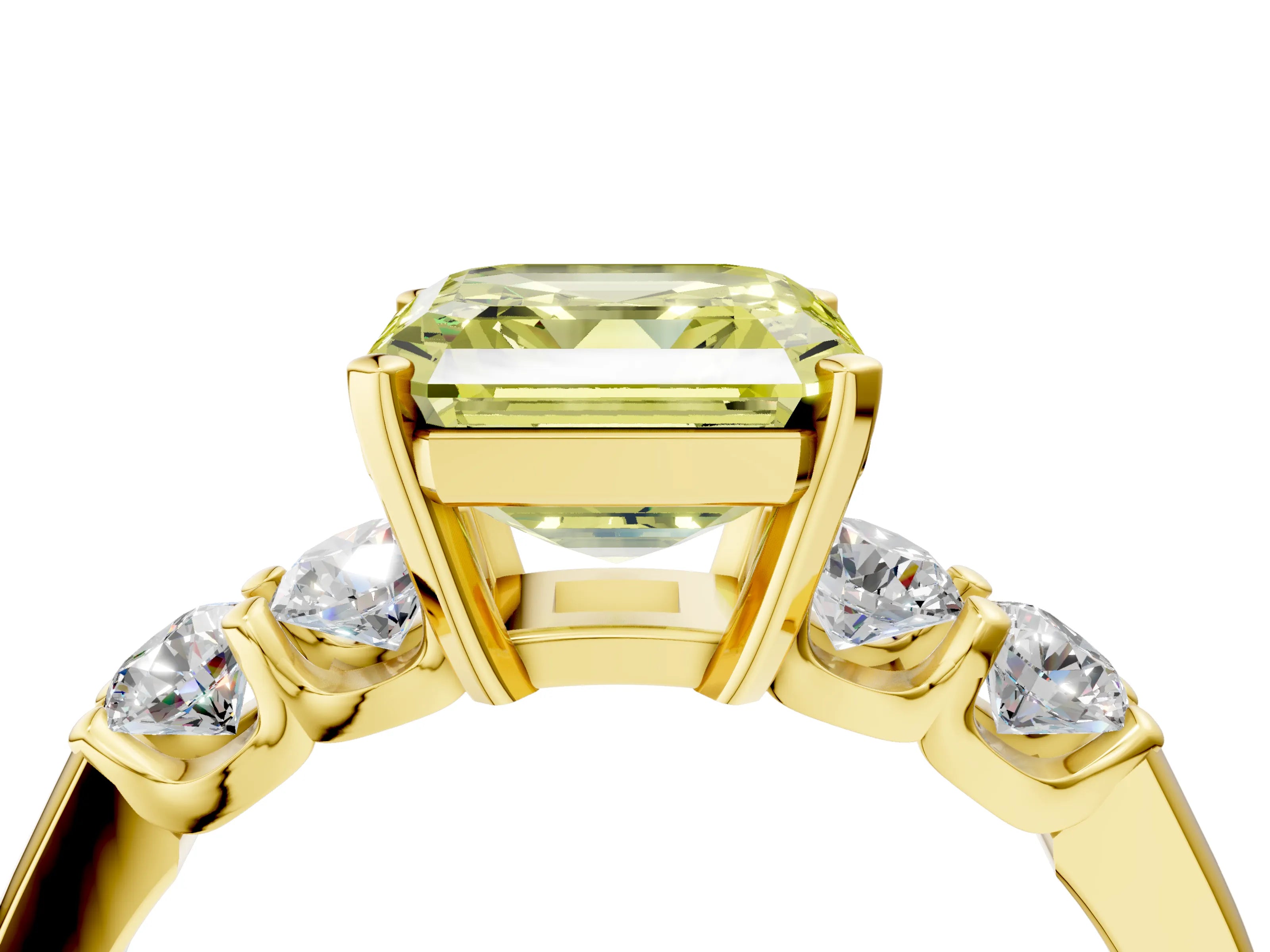 Yellow gold Fancy Yellow Asscher Cut Brilliant Diamond Five-Stone Engagement Ring with Prong Setting on a Classic Band_7