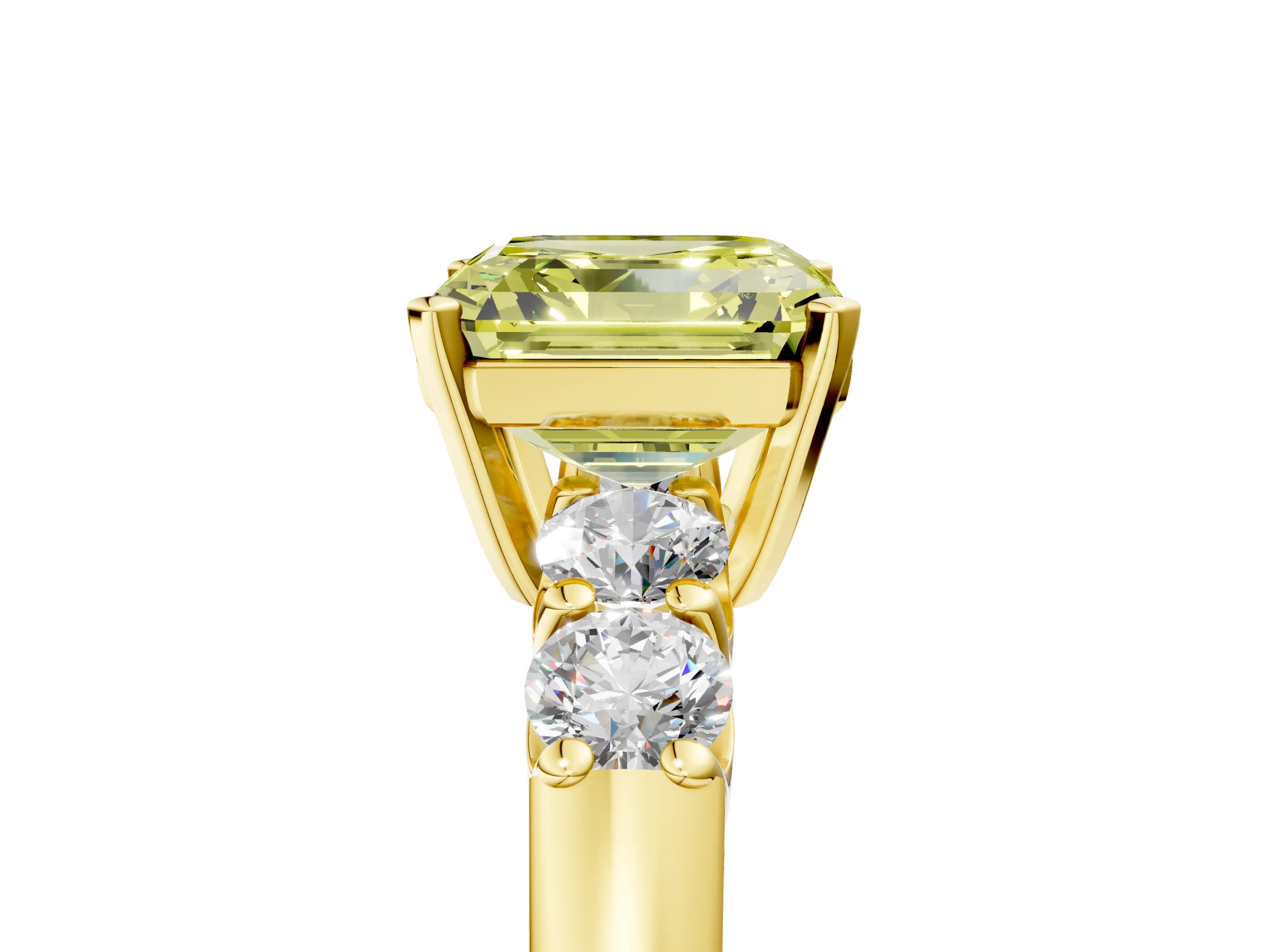 Yellow gold Fancy Yellow Asscher Cut Brilliant Diamond Five-Stone Engagement Ring with Prong Setting on a Classic Band_8