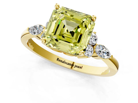 Yellow gold Fancy Yellow Asscher Cut Brilliant Diamond Solitaire Ring with Pear Side Stones and Four-Prong Setting_4