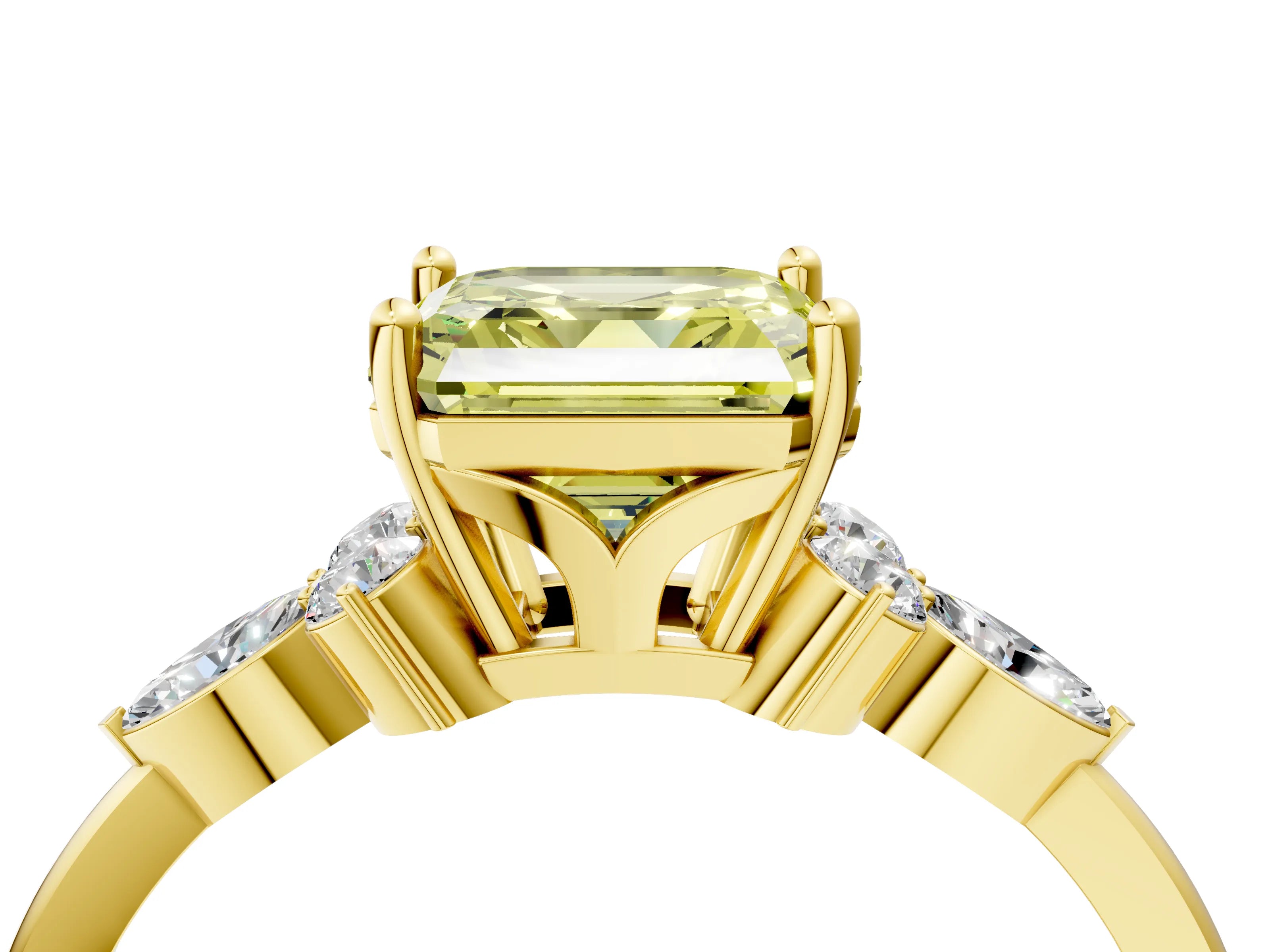 Yellow gold Fancy Yellow Asscher Cut Brilliant Diamond Solitaire Ring with Pear Side Stones and Four-Prong Setting_7