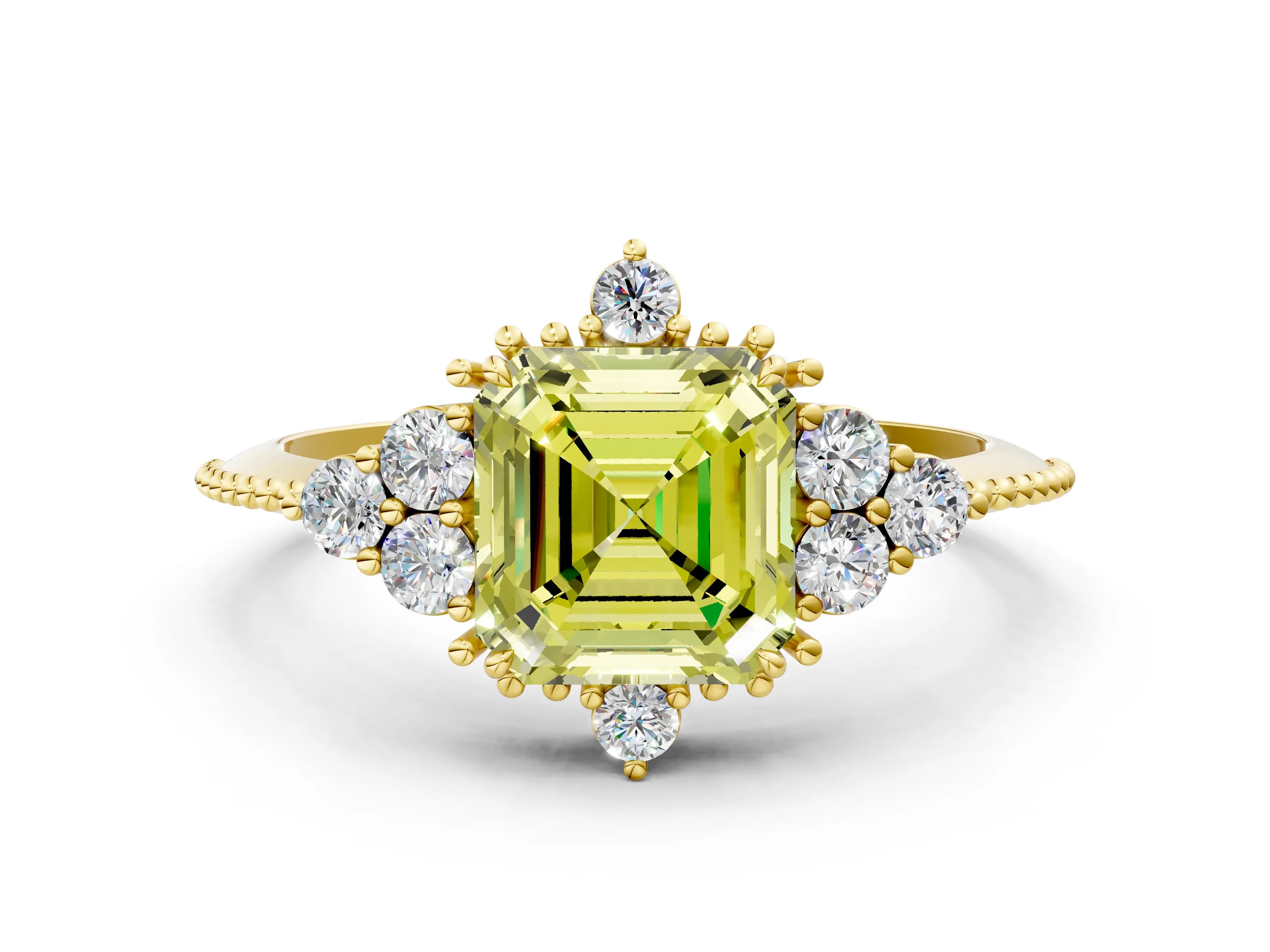 Yellow gold Fancy Yellow Asscher Cut Brilliant Diamond with Cluster Setting on a Beaded Band and Four-Prong Setting
