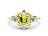 Yellow gold Fancy Yellow Asscher Cut Brilliant Diamond with Cluster Setting on a Beaded Band and Four-Prong Setting
