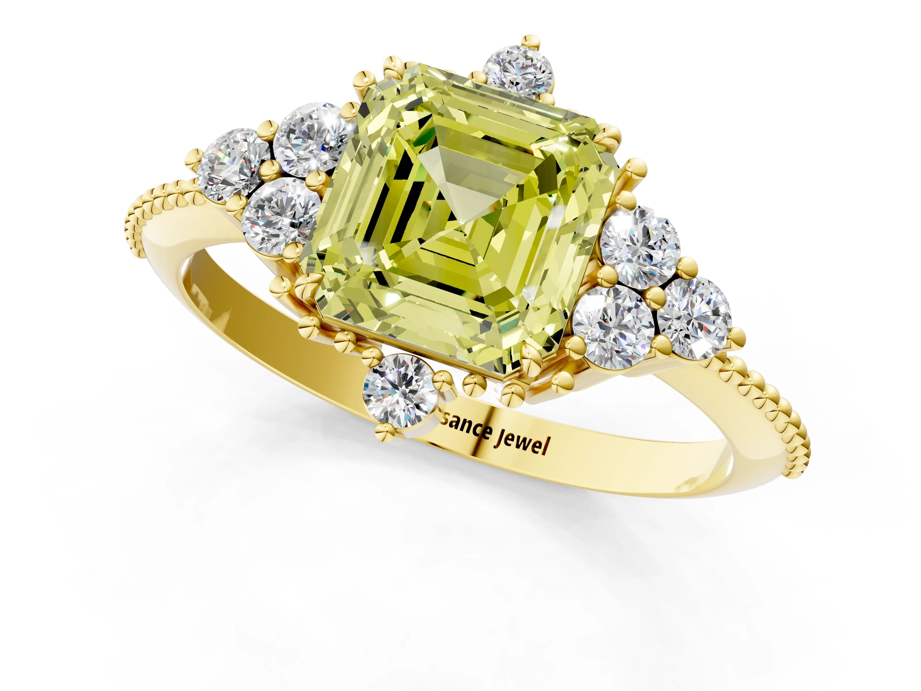 Yellow gold Fancy Yellow Asscher Cut Brilliant Diamond with Cluster Setting on a Beaded Band and Four-Prong Setting_1