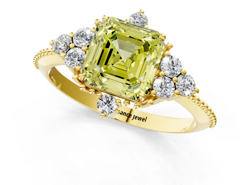 Yellow gold Fancy Yellow Asscher Cut Brilliant Diamond with Cluster Setting on a Beaded Band and Four-Prong Setting_1