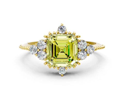 Yellow gold Fancy Yellow Asscher Cut Brilliant Diamond with Cluster Setting on a Beaded Band and Four-Prong Setting