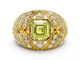 Yellow gold Fancy Yellow Asscher Cut Brilliant Halo Pave Diamond Milgrain Ring