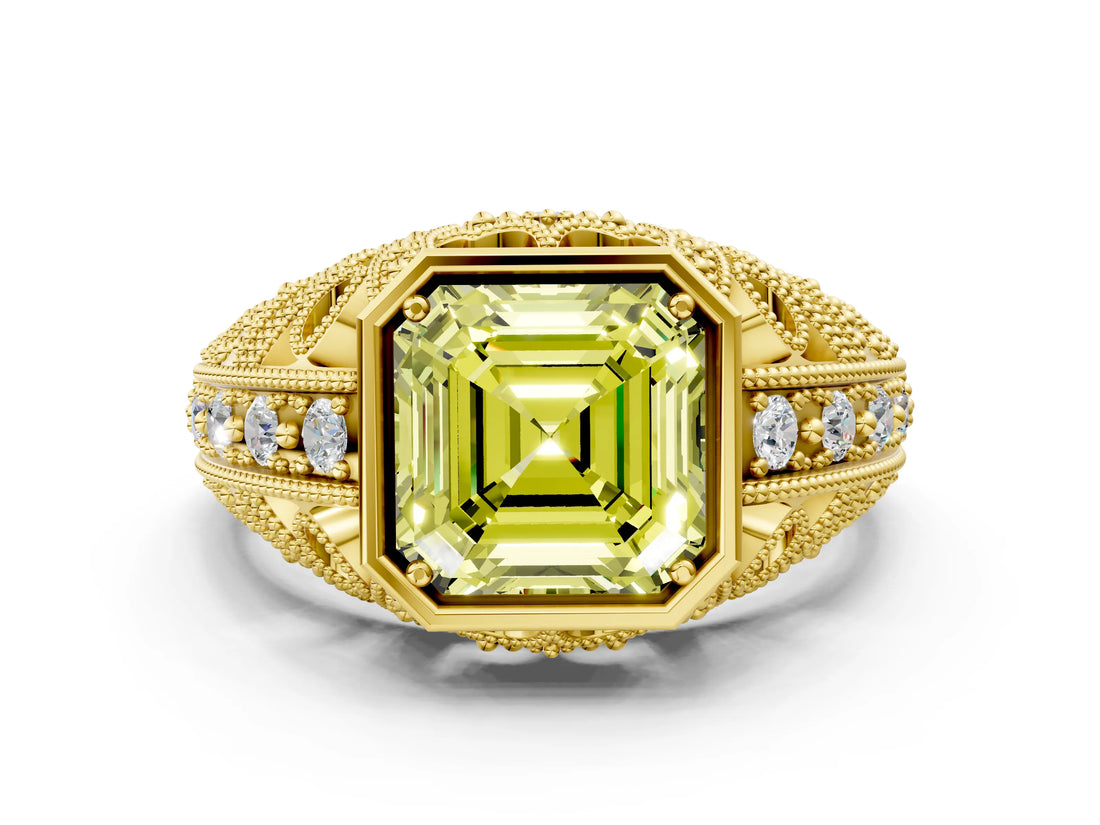 Yellow gold Fancy Yellow Asscher Cut Brilliant Milgrain Filigree Diamond Ring with Square Prong Setting