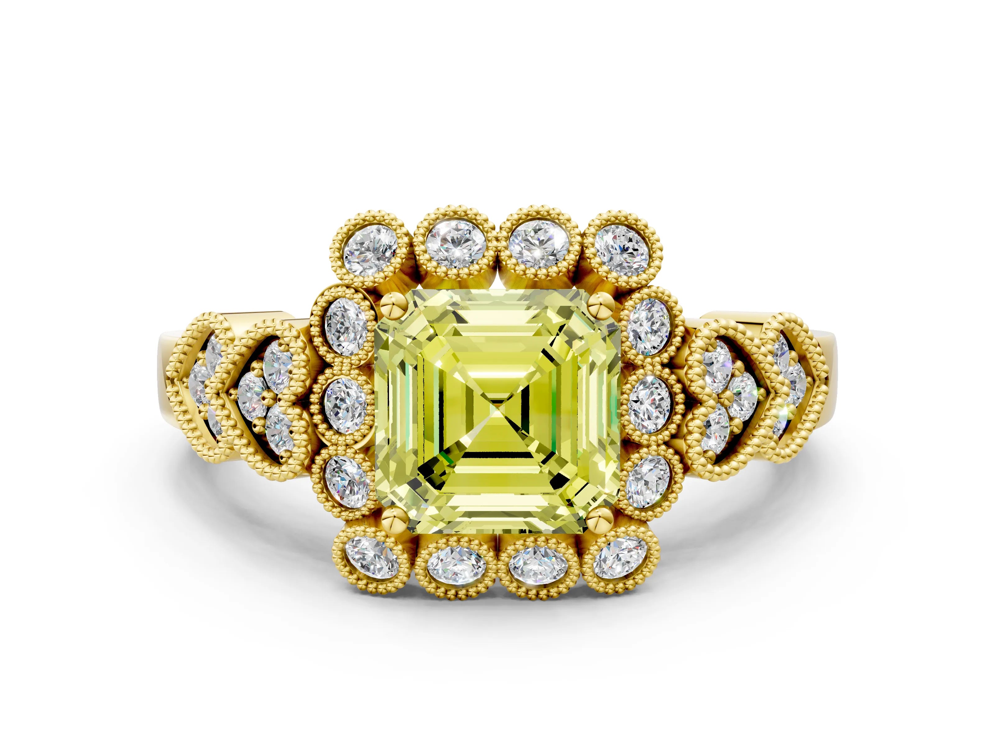 Yellow gold Fancy Yellow Asscher Cut Brilliant Milgrain Pave Heart Band Solitaire Ring_12