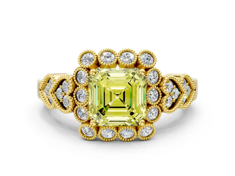 Yellow gold Fancy Yellow Asscher Cut Brilliant Milgrain Pave Heart Band Solitaire Ring_12