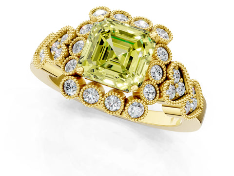 Yellow gold Fancy Yellow Asscher Cut Brilliant Milgrain Pave Heart Band Solitaire Ring_13