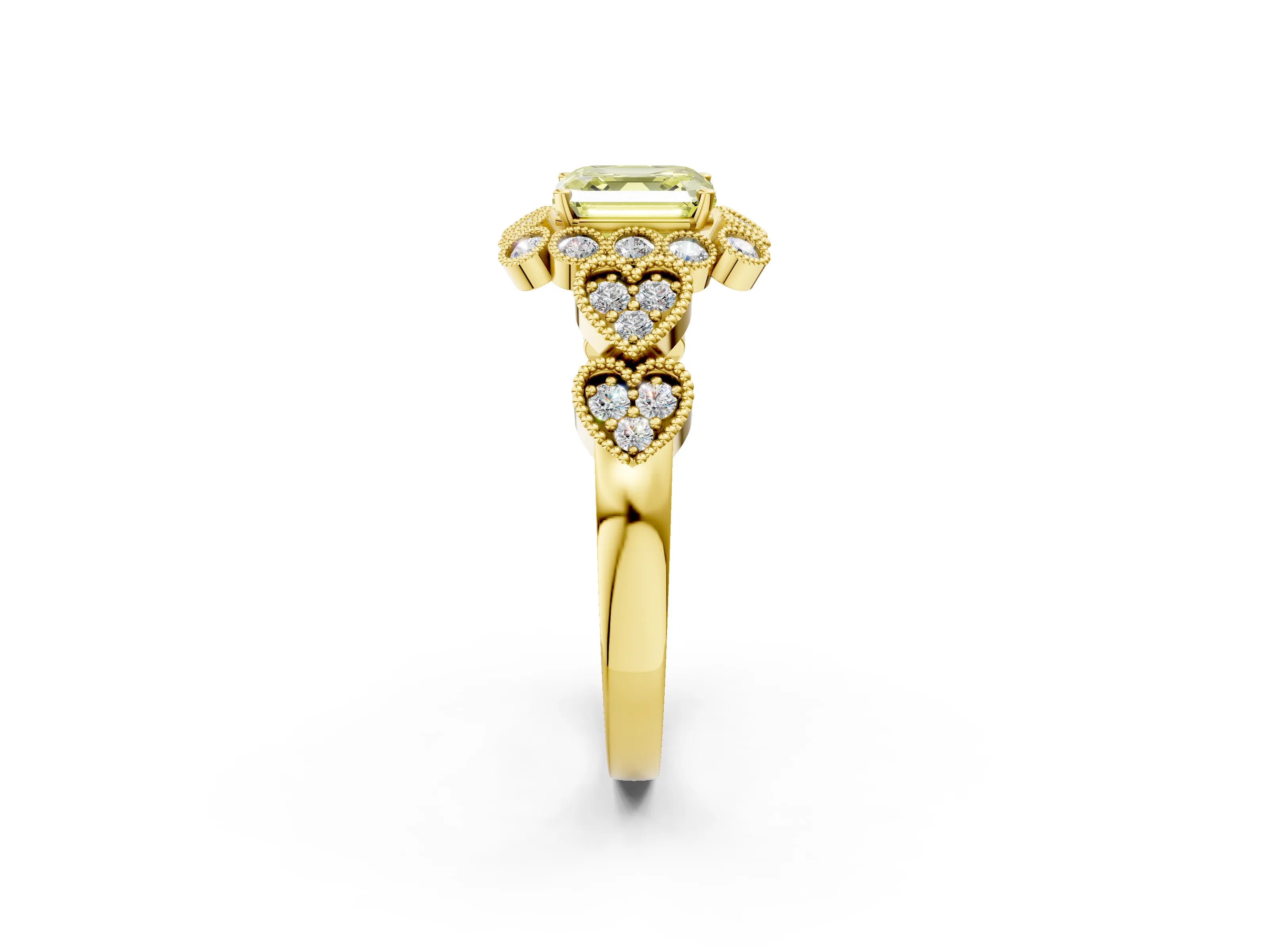 Yellow gold Fancy Yellow Asscher Cut Brilliant Milgrain Pave Heart Band Solitaire Ring_14