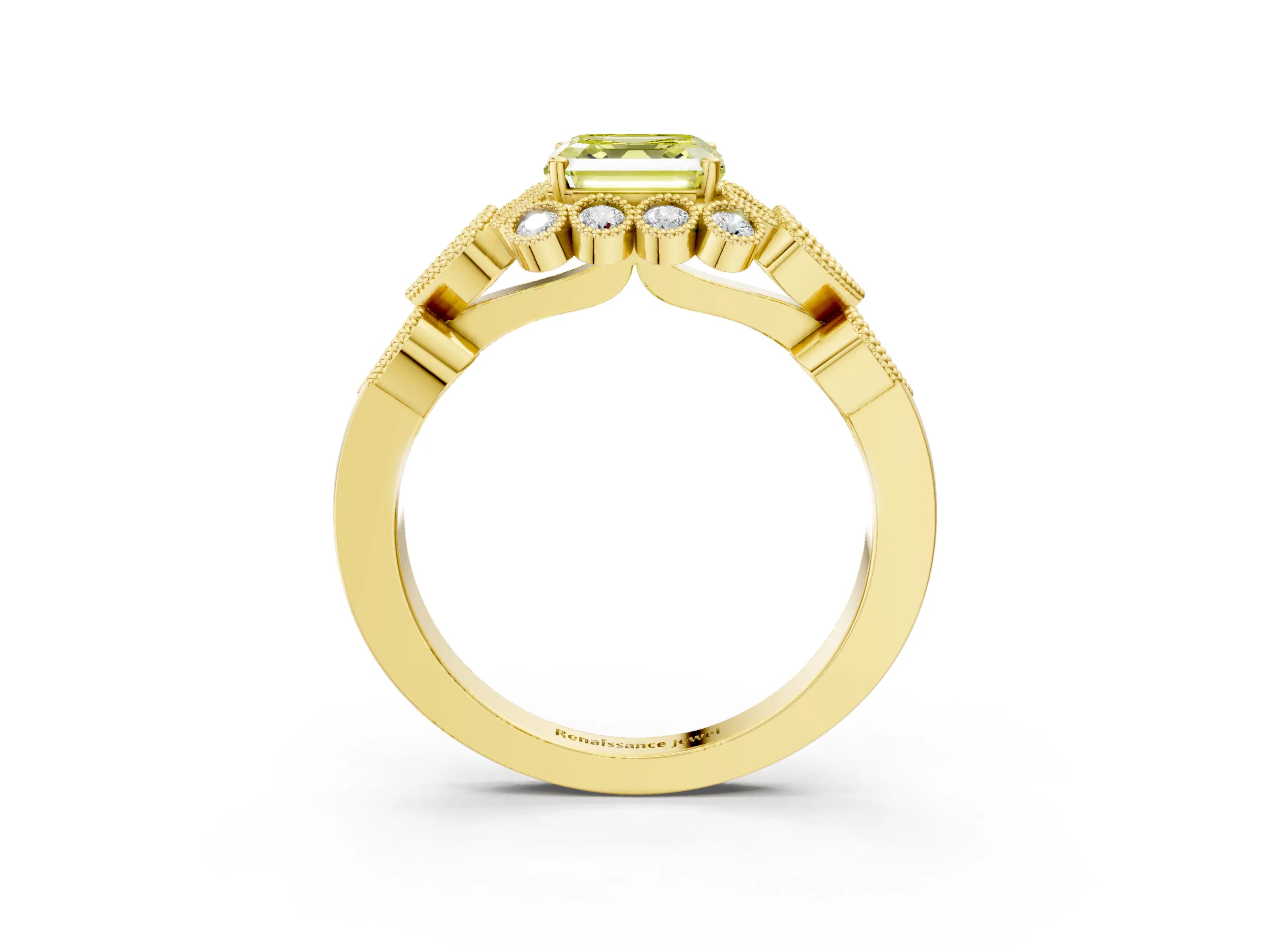 Yellow gold Fancy Yellow Asscher Cut Brilliant Milgrain Pave Heart Band Solitaire Ring_15