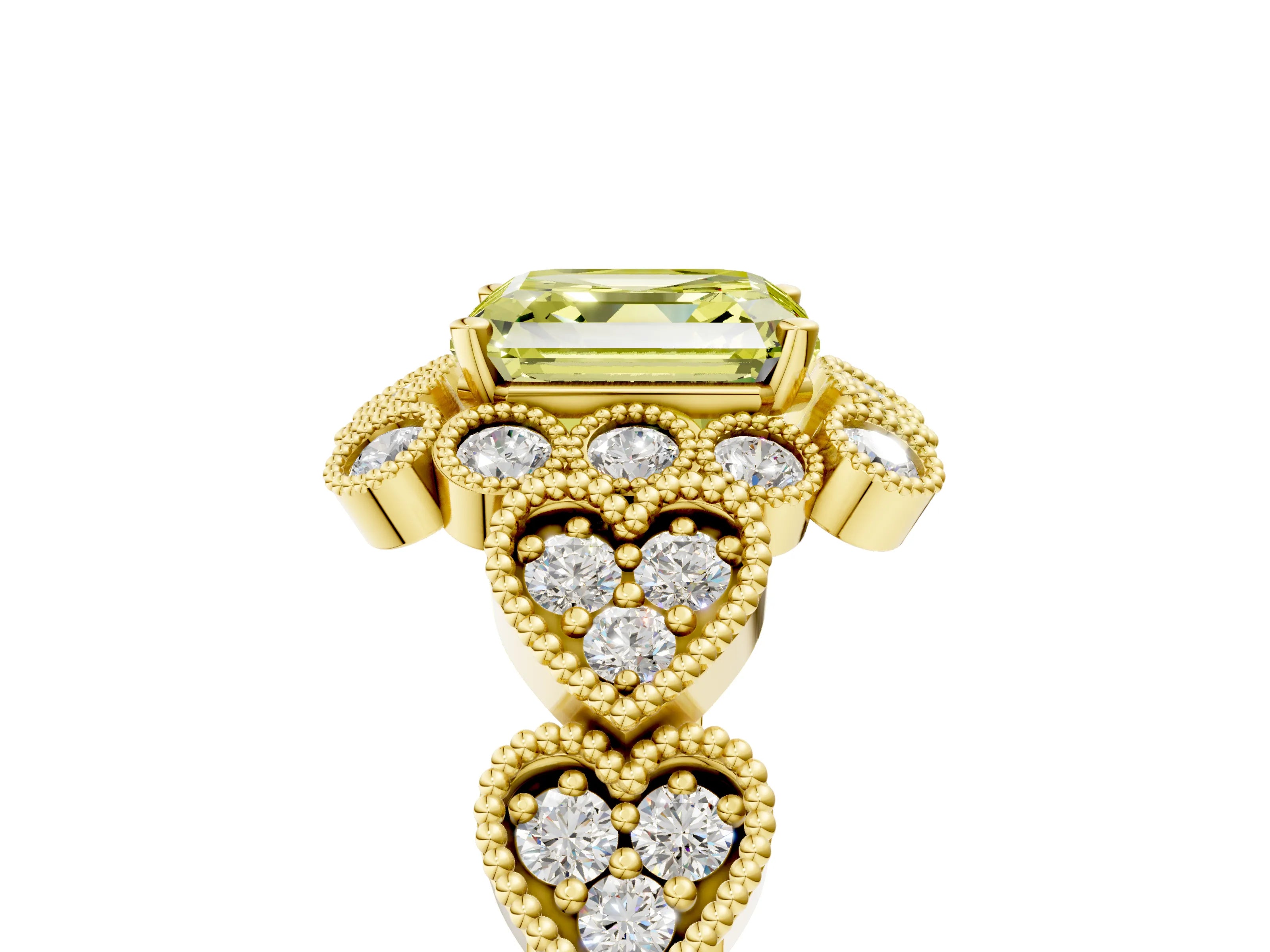 Yellow gold Fancy Yellow Asscher Cut Brilliant Milgrain Pave Heart Band Solitaire Ring_17