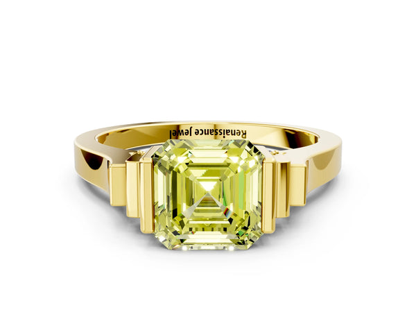 Yellow gold Fancy Yellow Asscher Cut Brilliant Solitaire Diamond Ring with Channel Set Band and Bar Prong Setting