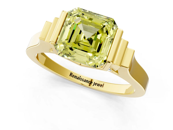 Yellow gold Fancy Yellow Asscher Cut Brilliant Solitaire Diamond Ring with Channel Set Band and Bar Prong Setting