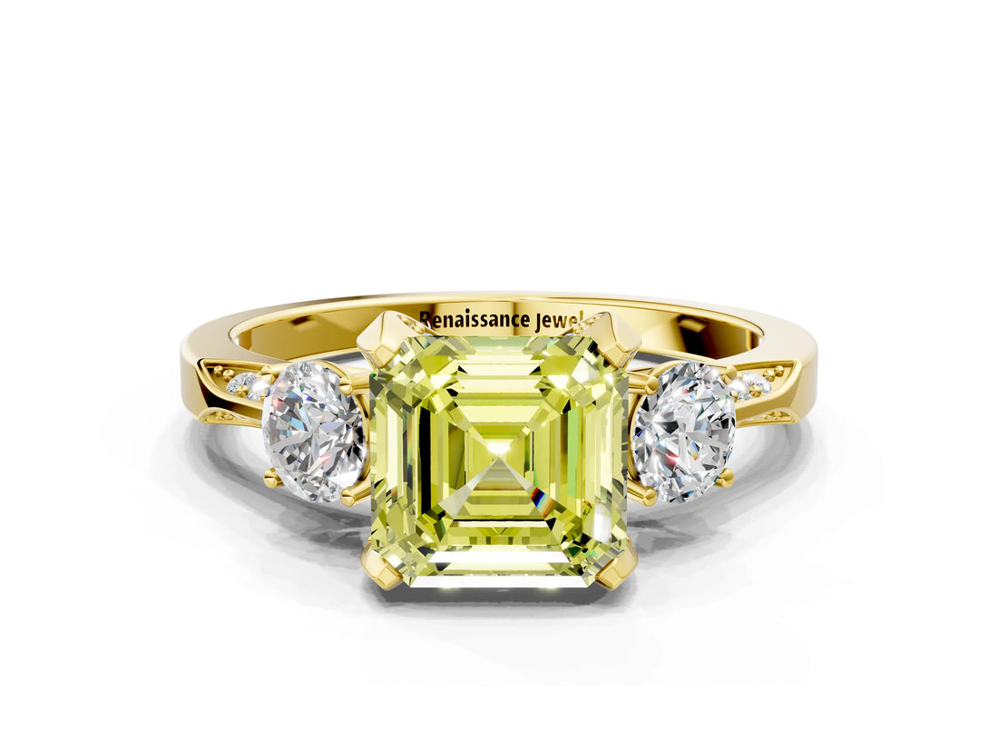Yellow gold Fancy Yellow Asscher Cut Brilliant Three-Stone Diamond Ring with Pavé Band and Four-Prong Setting_3