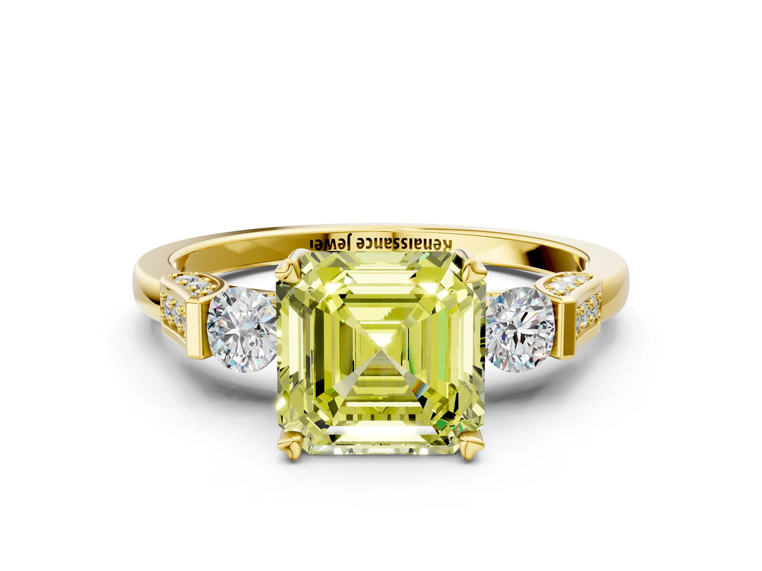 Yellow gold Fancy Yellow Asscher Cut Brilliant Three-Stone Pave Band with Four-Prong Setting