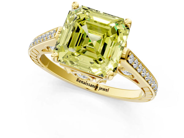 Yellow Gold Asscher Cut Cathedral Engagement Ring Setting for Fancy Yellow Center with Pave Shoulders
